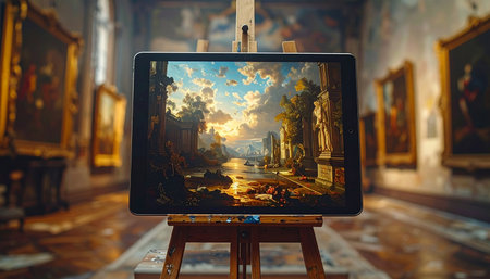 A digital tablet on an easel showcases a vibrant classical painting, creating a striking contrast within the hallowed halls of a traditional art museum.の素材