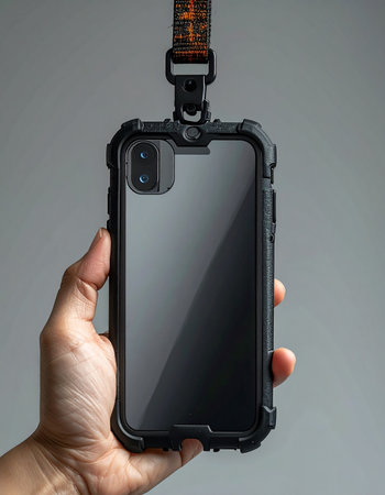 A hand securely grips a modern smartphone encased in a heavy-duty, rugged shell.の素材