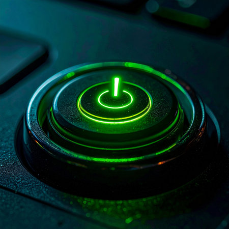 A single press brings the machine to life. The green light glows with promise, signaling the start of a new process, a fresh idea, or a digital journey.の素材