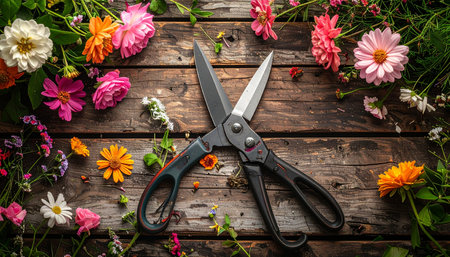 A pair of well-used florist shears rests on a rustic wooden table, surrounded by a vibrant collection of freshly cut garden flowers.の素材