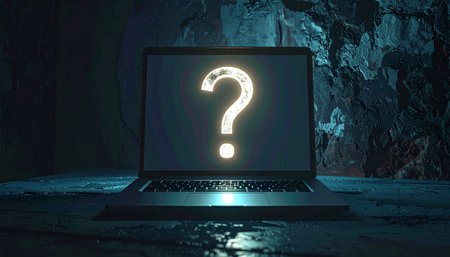 In a dark and mysterious setting, a lone laptop glows with a single, bright question mark on its screen.の素材