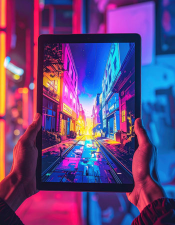 A person holds a digital tablet, its screen a glowing portal to a vibrant, rain-slicked cyberpunk city street.の素材