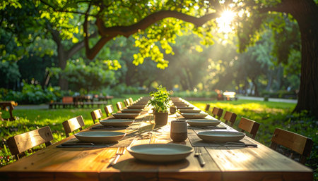 A long, rustic wooden table is beautifully set for a grand feast, stretching into the distance under the canopy of lush green trees.の素材