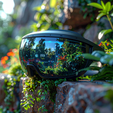 A futuristic augmented reality headset rests on mossy rocks, its reflective visor mirroring the vibrant, sunlit garden.の素材