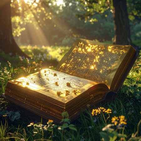 In a hidden clearing, bathed in the golden light of dawn, an ancient book lies open on the forest floor.の素材