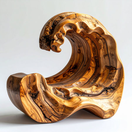 Capturing the powerful, flowing motion of an ocean crest in solid, beautifully grained wood.の素材