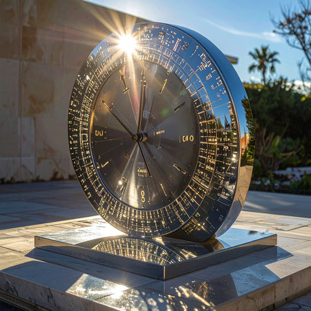 A magnificent, futuristic metal sculpture gleams under a brilliant sunburst, its intricate design suggesting a complex timepiece or ancient astrolabe.の素材