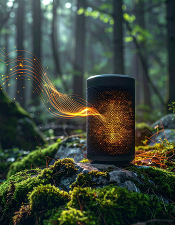 A futuristic smart speaker rests on a moss-covered rock in a tranquil forest, broadcasting glowing sound waves that harmonize with the natural surroundings.の素材