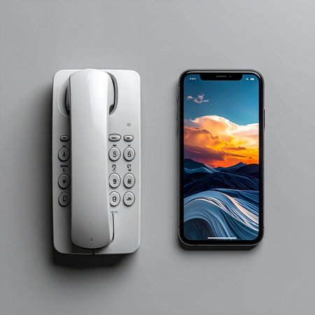 A visual representation of technological evolution, showcasing a classic landline telephone next to a sleek, modern smartphone.の素材