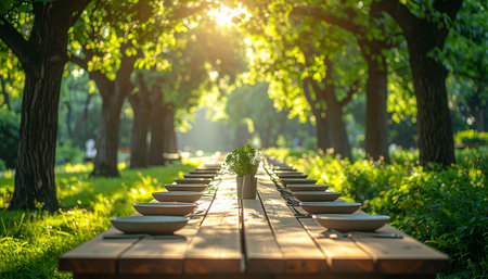 As the golden sun filters through the lush canopy of an old orchard, a long wooden table awaits its guests.の素材