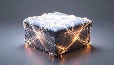 A mysterious black box, a container of unknown secrets or powerful data, is secured by a complex web of luminous, interconnected energy lines.の素材