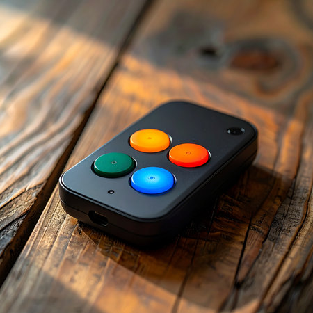 A simple four-button remote rests on a rustic wooden table, bathed in the warm glow of morning sunlight.の素材