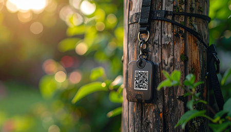 A modern treasure hunt unfolds in a sun-dappled forest.の素材