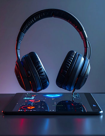 Experience the future of sound as wireless headphones levitate above a glowing tablet, powered by an immersive audio stream.の素材