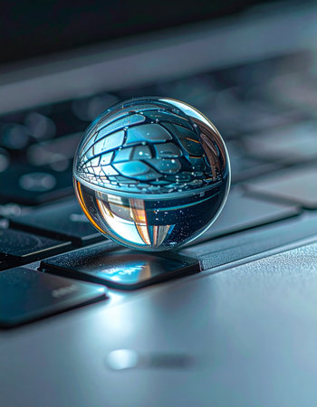 A crystal ball rests on a modern laptop keyboard, reflecting a distorted, glowing view of the digital world.の素材