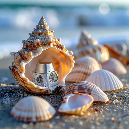 A small, futuristic robot finds a moment of quiet refuge inside a beautiful conch shell on a tranquil, sandy beach.の素材