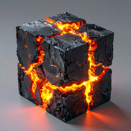 A cube of raw, dark rock struggles to contain an immense inner power.の素材