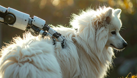 In a sun-drenched setting, a moment of gentle connection unfolds between technology and nature.の素材