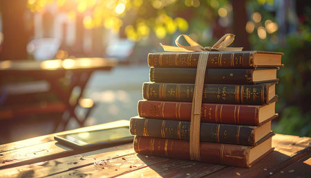 A stack of classic, well-loved books, tied with a ribbon as a precious gift, rests on a rustic wooden table.の素材