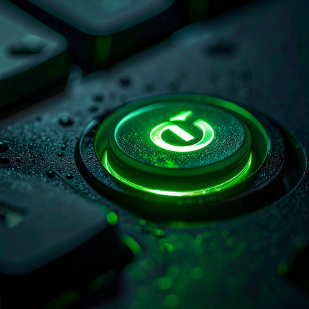 In the deep quiet of a server room, a single green power button glows with promise, its surface beaded with cool condensation.の素材