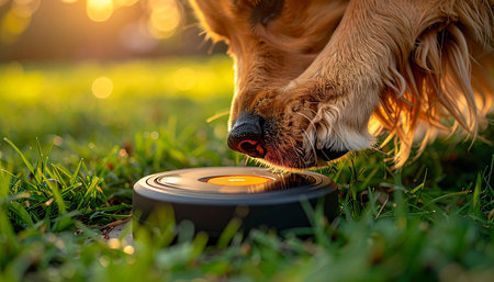 A beautiful Golden Retriever enjoys its evening meal from a bowl on the lush green grass.の素材