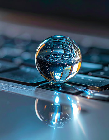 A crystal clear sphere rests on a sleek laptop, reflecting a world of digital data and glowing light.の素材