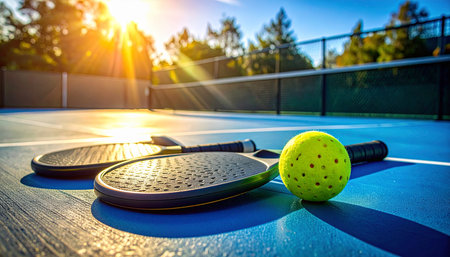 As the sun sets, casting a warm golden glow across the blue court, pickleball paddles and a ball lie ready for the next game.の素材