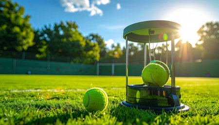 As the golden sun sets on a pristine grass court, tennis balls rest after a long day of practice.の素材