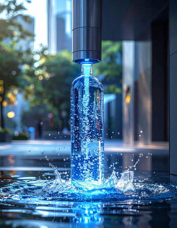 In a smart city of the future, an advanced public dispenser uses glowing UV light to fill a bottle with perfectly purified water.の素材