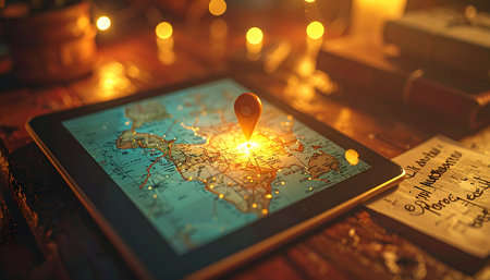 In a warmly lit room, a glowing pin on a tablet's digital map marks the next destination.の素材
