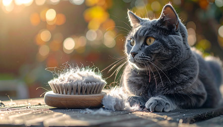 A beautiful grey cat sits peacefully on a wooden deck in the warm glow of the golden hour sun.の素材