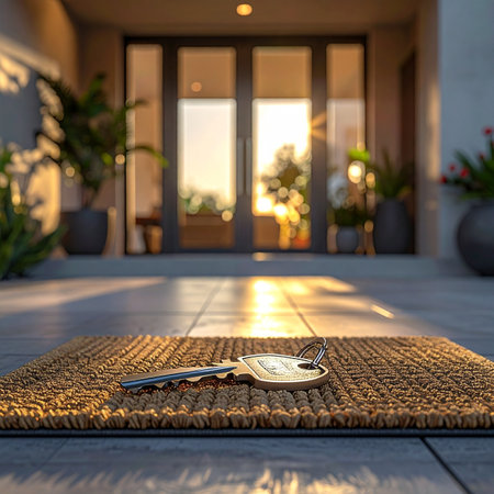 A single key rests on a welcome mat as the warm, golden light of sunrise or sunset streams through the front door of a new home.の素材