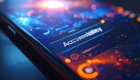 A close-up view of a smartphone screen highlights the 'Accessibility' feature, illuminated by vibrant, futuristic blue and orange lights.の素材