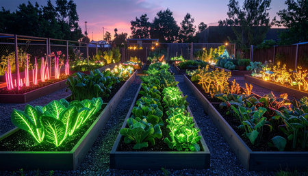 At twilight, a futuristic garden comes to life as colorful LED grow lights illuminate rows of lush vegetables.の素材