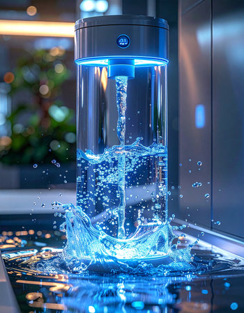 In a state-of-the-art lab, a futuristic water purifier springs to life.の素材