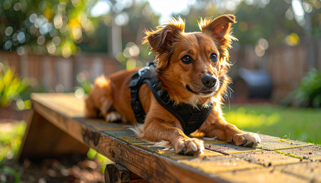 A small, adorable dog with warm brown fur enjoys a moment of pure bliss, basking in the golden glow of the late afternoon sun.の素材