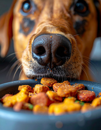 An extreme close-up captures the intense focus of a hungry brown dog, its wet nose hovering just above a bowl of delicious kibble.の素材
