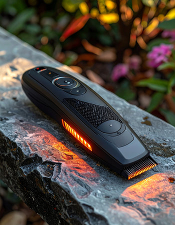 A state-of-the-art electric beard trimmer rests on a rugged stone ledge, its warm LED guide light glowing against the cool, natural backdrop.の素材