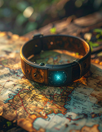 A futuristic tracking collar with a glowing blue light rests upon a vintage map, bathed in the warm sunlight of a forest.の素材