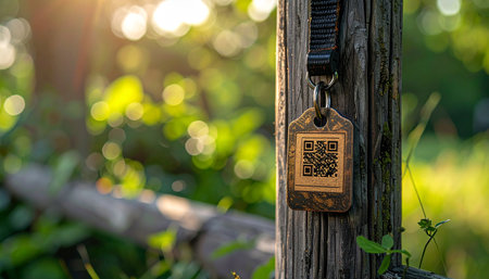 A modern digital clue hangs on a rustic wooden post, nestled deep within a sun-drenched forest.の素材