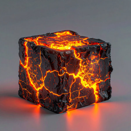 A cube of volcanic rock glows from within, its surface fractured by veins of molten lava.の素材