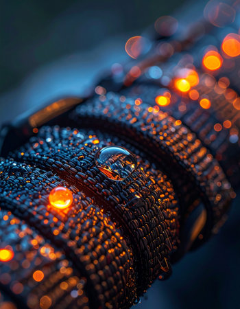 A single, perfect water droplet clings to a complex, woven surface, reflecting the warm, glowing lights that pulse like data through a futuristic network.の素材