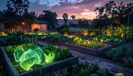 As twilight paints the sky, a futuristic garden comes to life.の素材