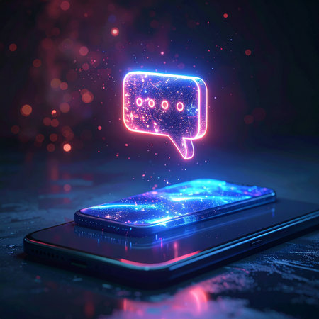 A luminous neon chat icon materializes as a hologram above a smartphone, symbolizing the next generation of digital communication.の素材