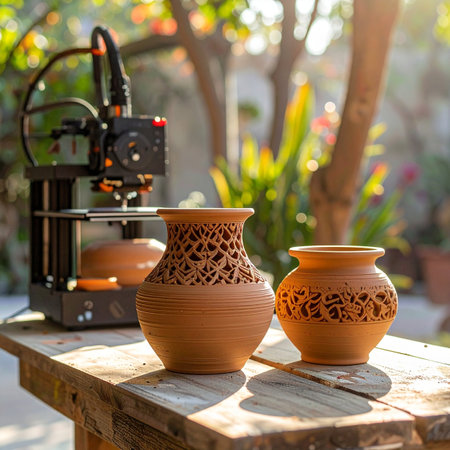 In a sunlit garden, modern technology and ancient tradition converge. A 3D printer meticulously crafts a clay pot, sitting beside finished, traditionally styled terracotta vases.の素材