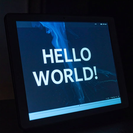The iconic 'Hello World!' message glows on a laptop screen in a dark room, symbolizing the first step into the vast world of programming.の素材