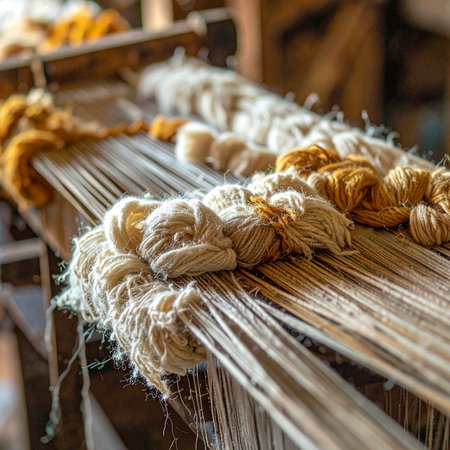 Close-up detail of a traditional wooden loom, where bundles of natural, undyed and ochre-colored cotton yarn rest upon the taut warp threads.の素材