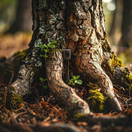 A camouflaged trail camera is secretly strapped to the base of a large tree, its lens patiently waiting to capture unseen moments of wildlife activity.の素材
