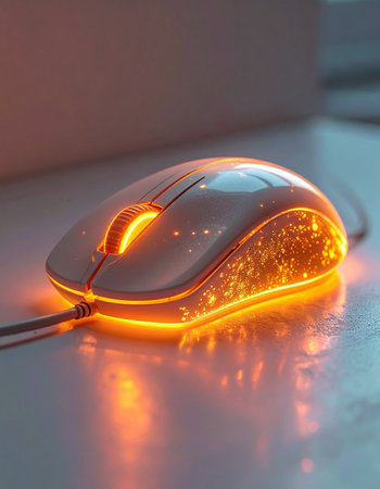 A modern ergonomic gaming mouse casts a warm orange glow across a desk, ready for a late-night session of intense focus and digital adventure.の素材