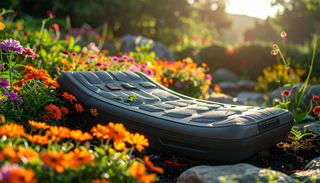 In the warm, golden light of a late afternoon, a single lost shoe sole rests among a bed of vibrant flowers.の素材